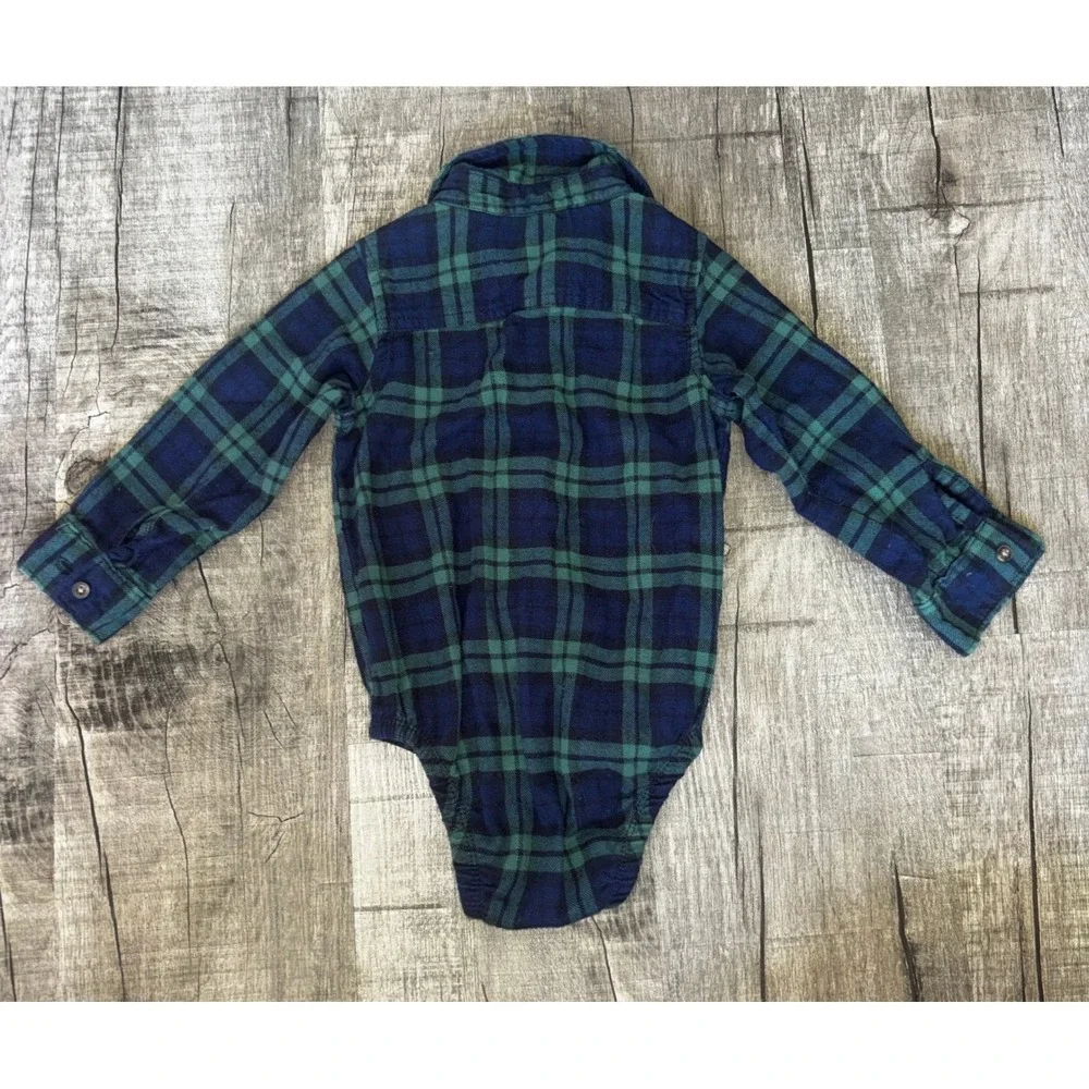 Carters Baby Boys 24M Navy Green Plaid Flannel Long Sleeve Button Front Bodysuit